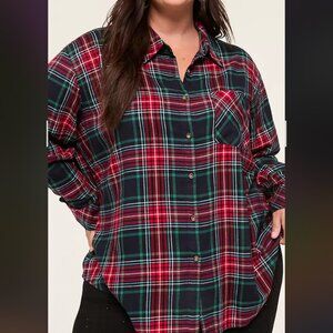 NWT Lane Bryant Christmas plaid long sleeve button down shirt, size 22/24.